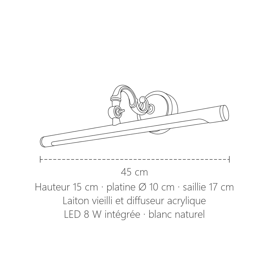 Dimensions de l'applique LED laiton : 45 cm de long, 15 cm de haut, 17 cm de saillie