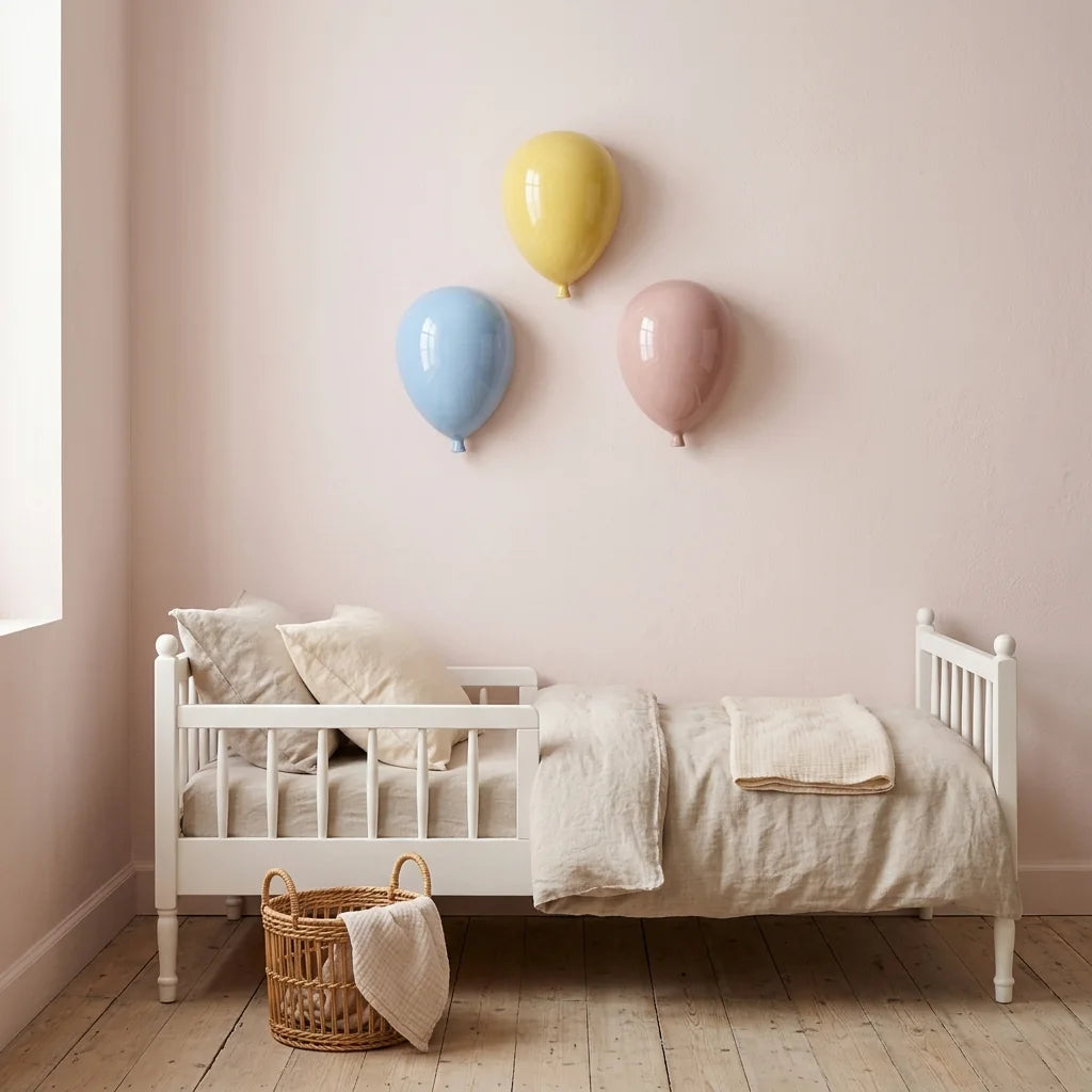 Trois ballons en céramique au-dessus d'un lit d'enfant blanc