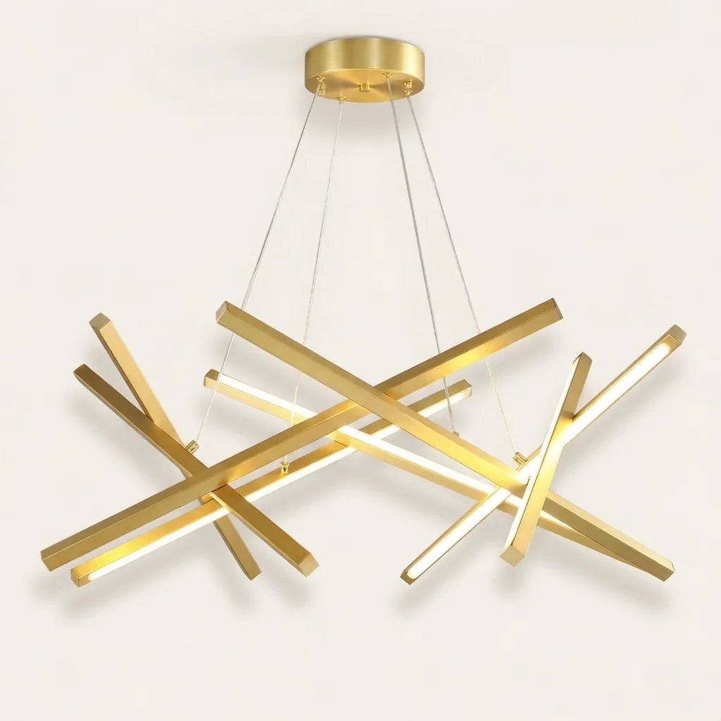 Grand lustre LED doré à bâtons lumineux entrecroisés