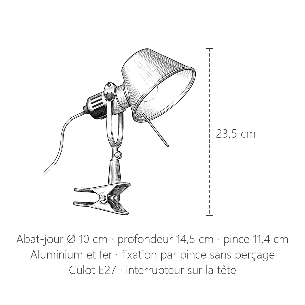Dimensions de la lampe à pince : 23,5 cm de haut, abat-jour Ø 10 cm
