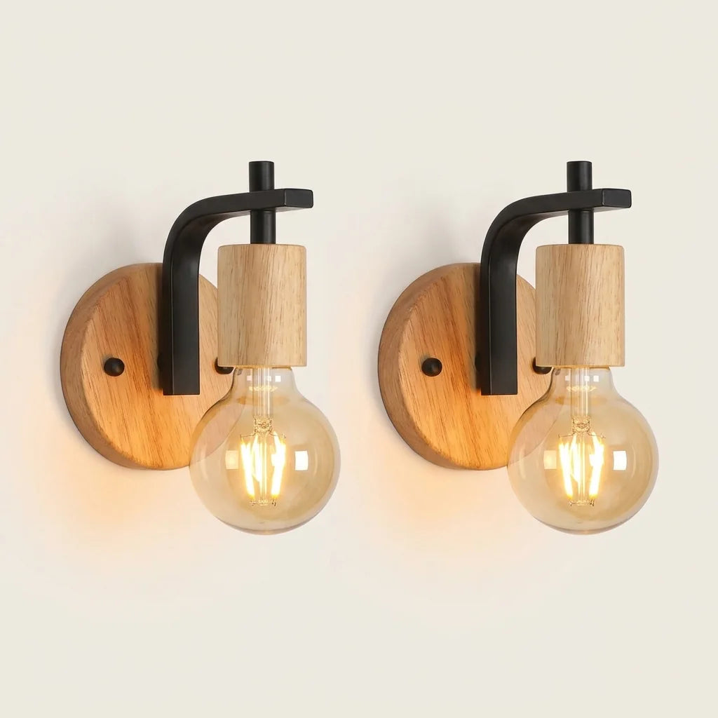 Lot de 2 appliques murales vintage en bois et métal noir, ampoules globe allumées