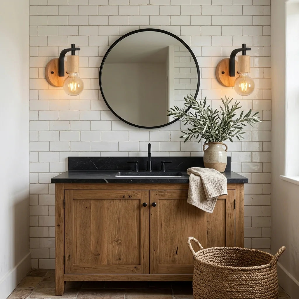 Deux appliques bois et métal de part et d'autre d'un miroir rond de salle de bain