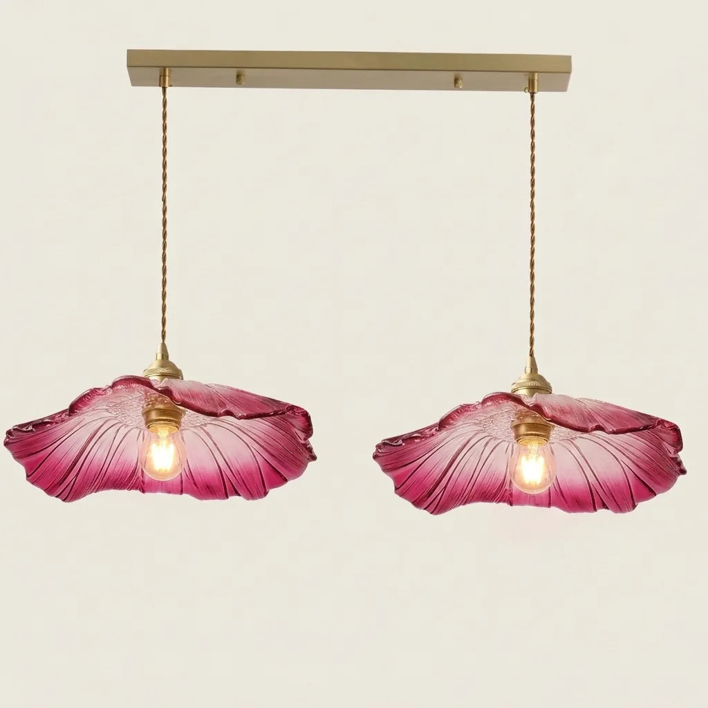 Suspension deux feuilles de lotus roses sur rail laiton