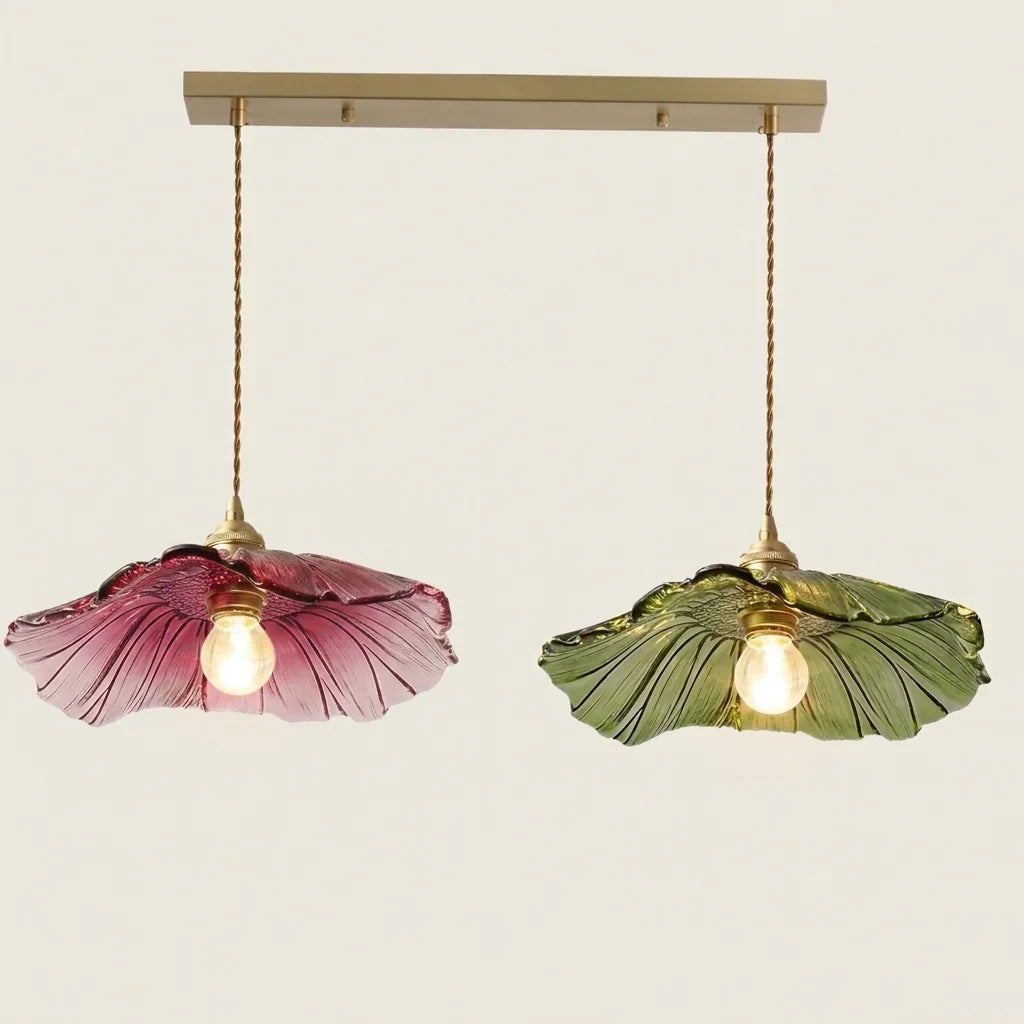 Suspension feuilles de lotus verte et rose sur rail laiton