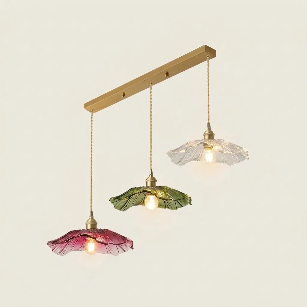 Suspension trois feuilles de lotus de couleurs mélangées sur rail laiton