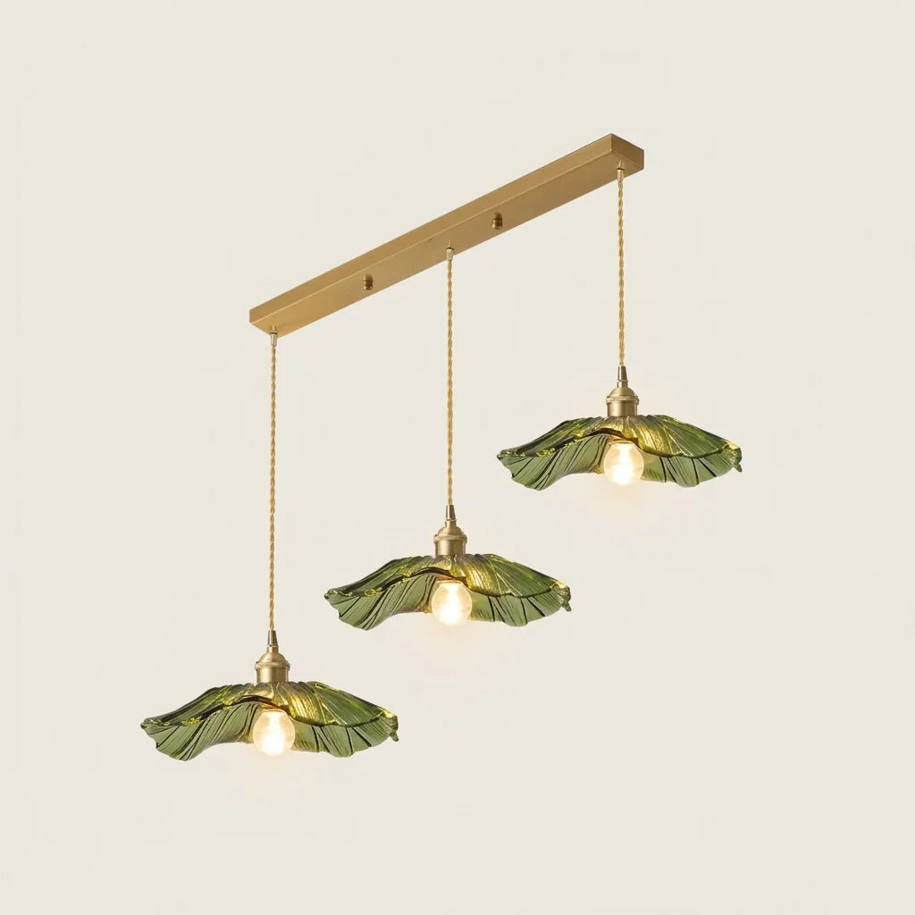 Suspension trois feuilles de lotus vertes sur rail laiton