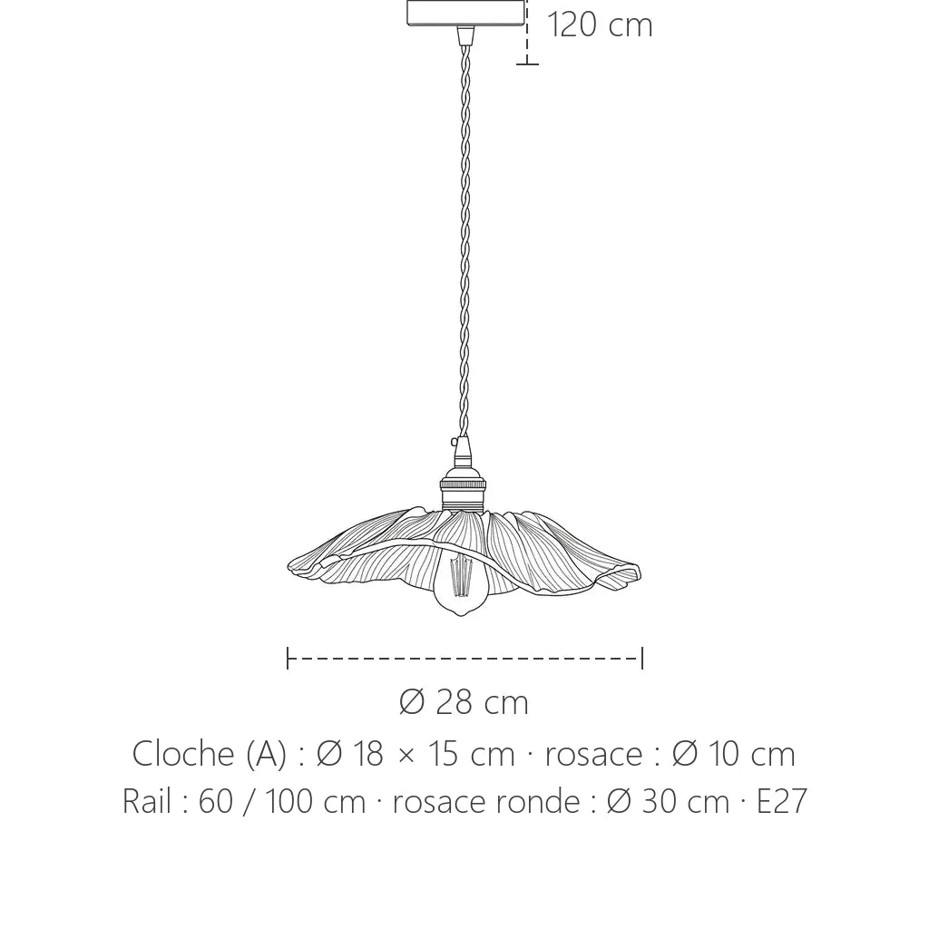 Dimensions du luminaire feuille de lotus en verre : Ø 28 cm, câble de 120 cm