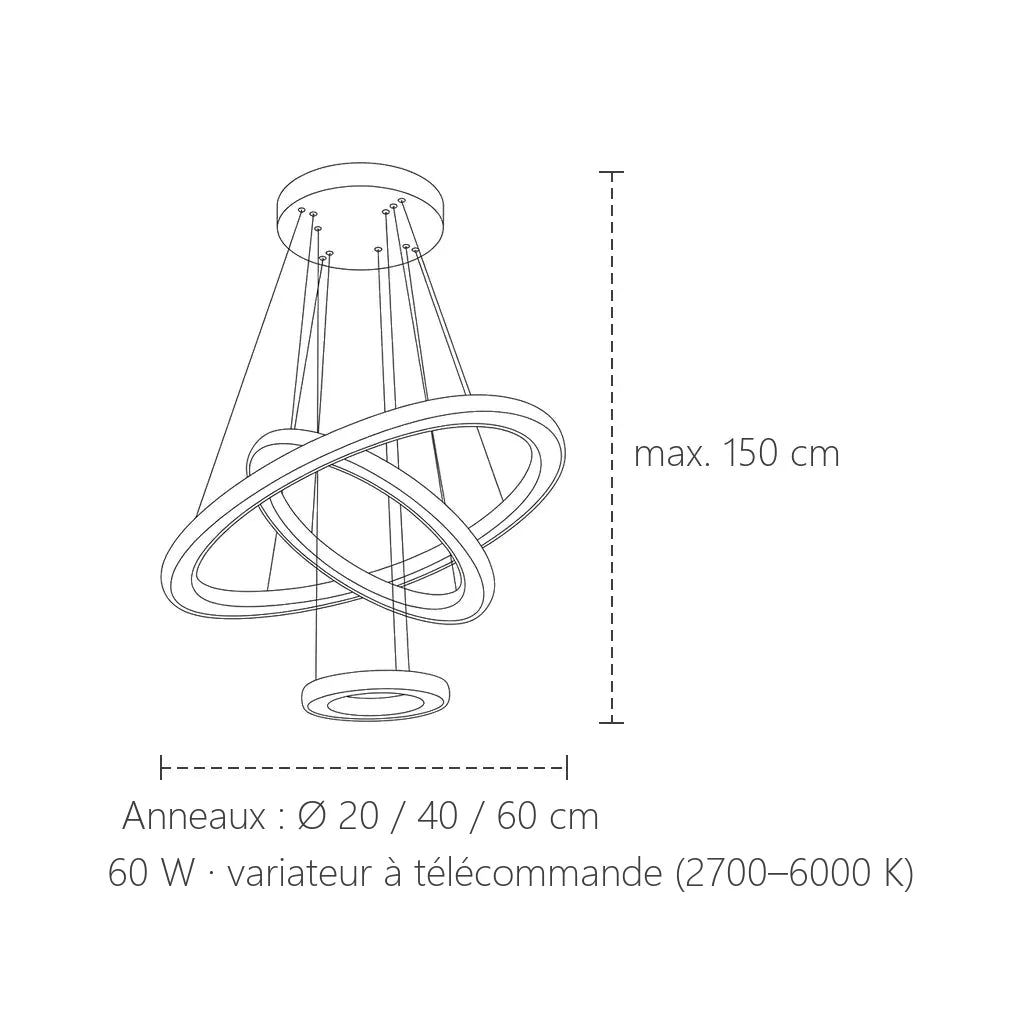 Dimensions du lustre 3 anneaux de cristal : Ø 20, 40 et 60 cm, max. 150 cm