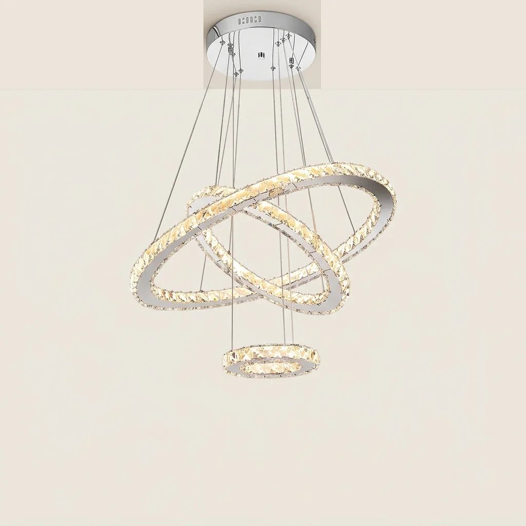 Lustre à trois anneaux de cristal LED, rosace chromée, lumière chaude