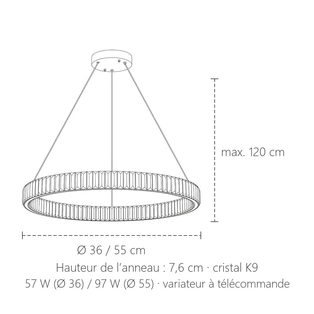 Dimensions du lustre anneau de cristal : Ø 36 ou 55 cm, max. 120 cm