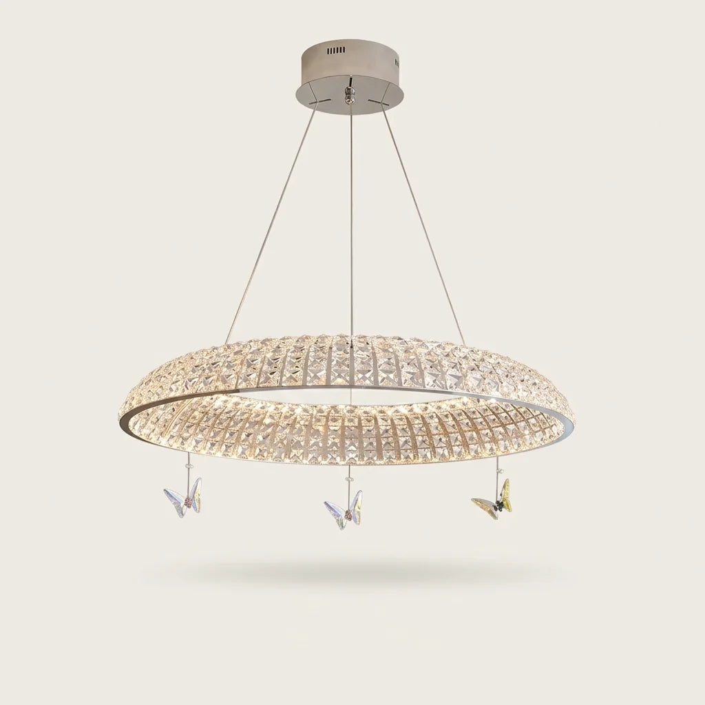 Lustre LED en anneau de cristal orné de papillons