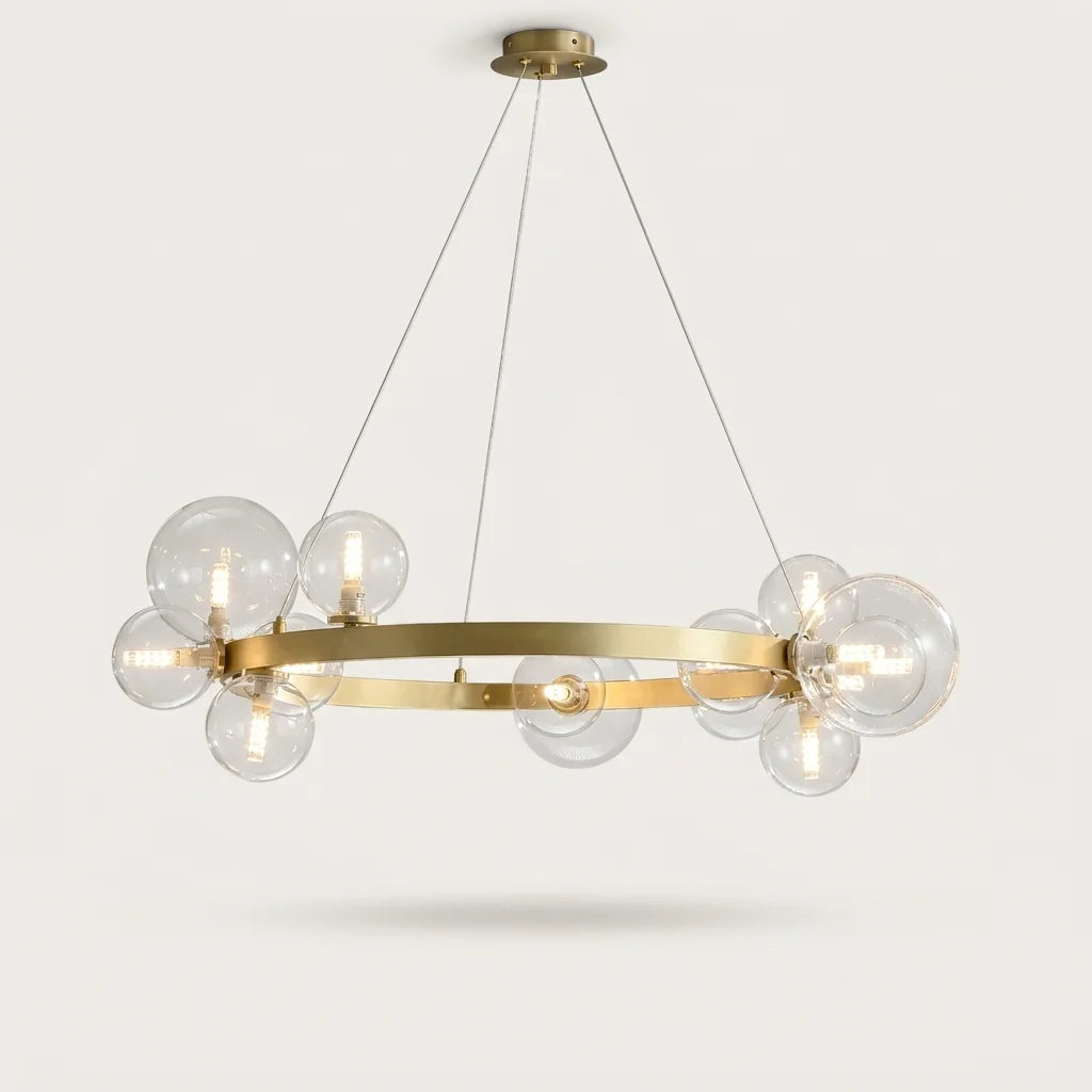 Lustre anneau doré à 15 globes en verre transparent