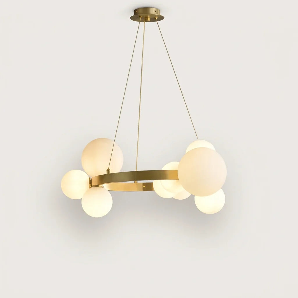 Lustre anneau doré à 9 globes en verre opalin