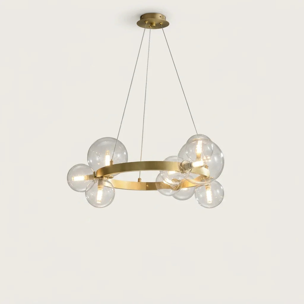 Lustre anneau doré à 9 globes en verre transparent