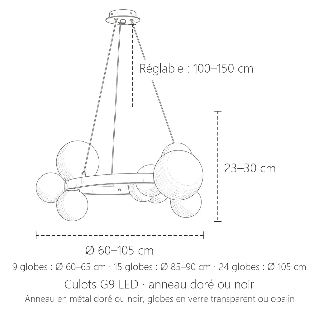Dimensions du lustre anneau à globes de verre : Ø 60 à 105 cm