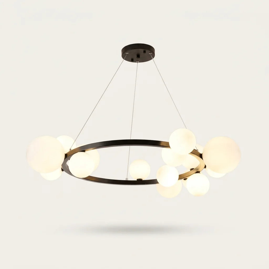 Lustre anneau noir à 15 globes en verre opalin