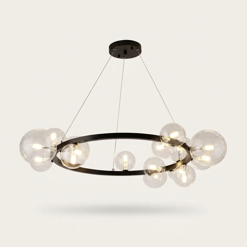 Lustre anneau noir à 15 globes en verre transparent