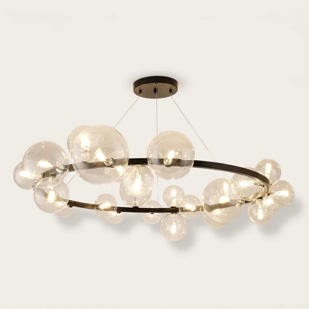 Lustre anneau noir à 24 globes en verre transparent