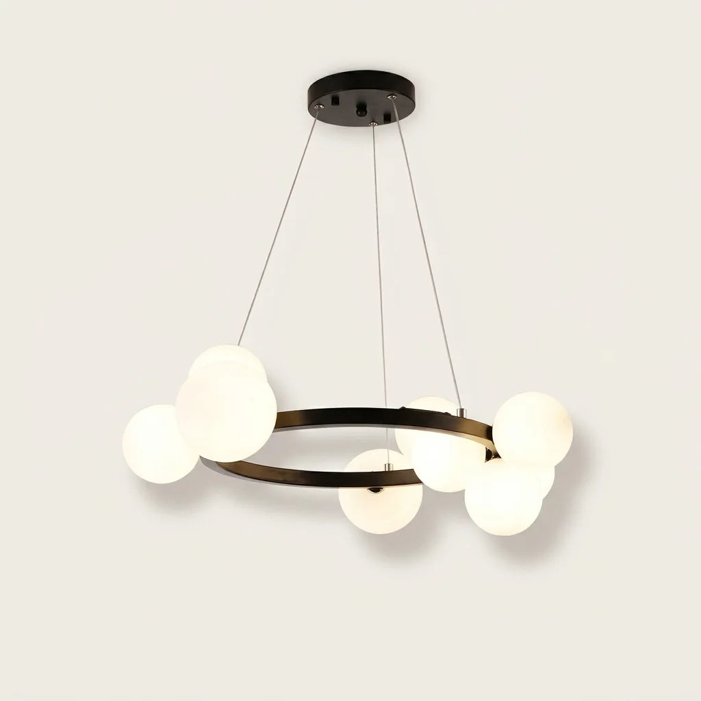 Lustre anneau noir à 9 globes en verre opalin