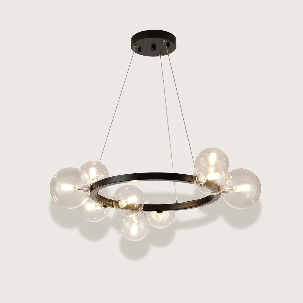 Lustre anneau noir à 9 globes en verre transparent