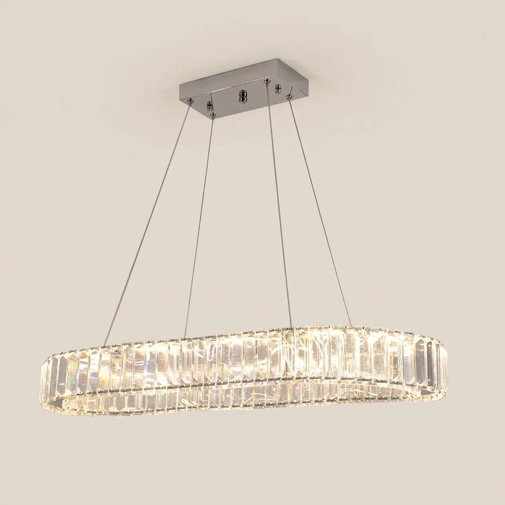 Lustre anneau ovale en cristal et rosace chromée
