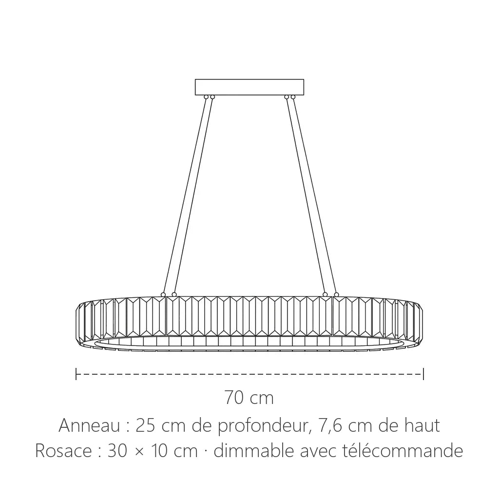 Dimensions du lustre anneau ovale en cristal : 70 cm de long, anneau de 7,6 cm