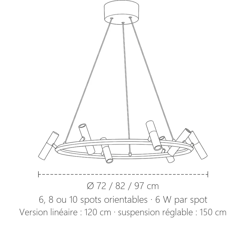 Dimensions du lustre anneau à spots orientables : Ø 72, 82 ou 97 cm