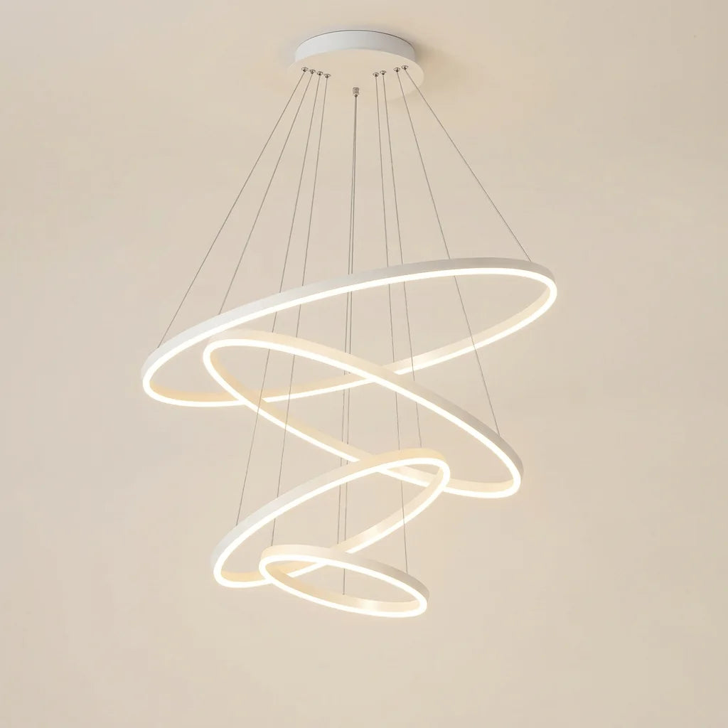 Lustre à anneaux LED en cascade blanc, allumé