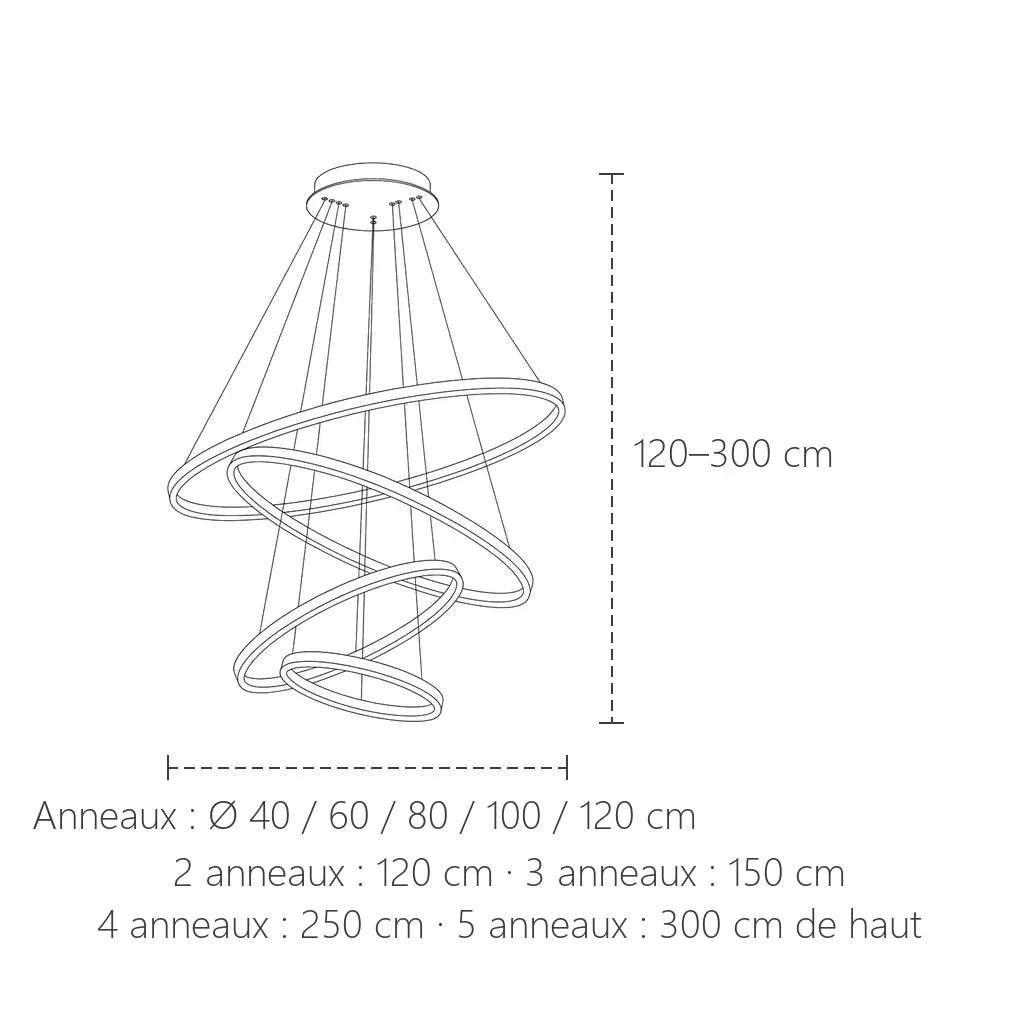 Dimensions du lustre à anneaux LED : anneaux Ø 40 à 120 cm, 120 à 300 cm de haut
