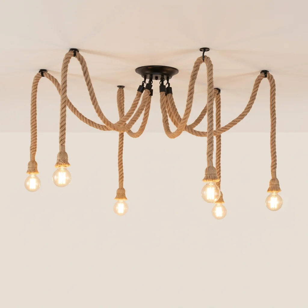 Lustre araignée en corde de chanvre 6 têtes avec ampoules Edison