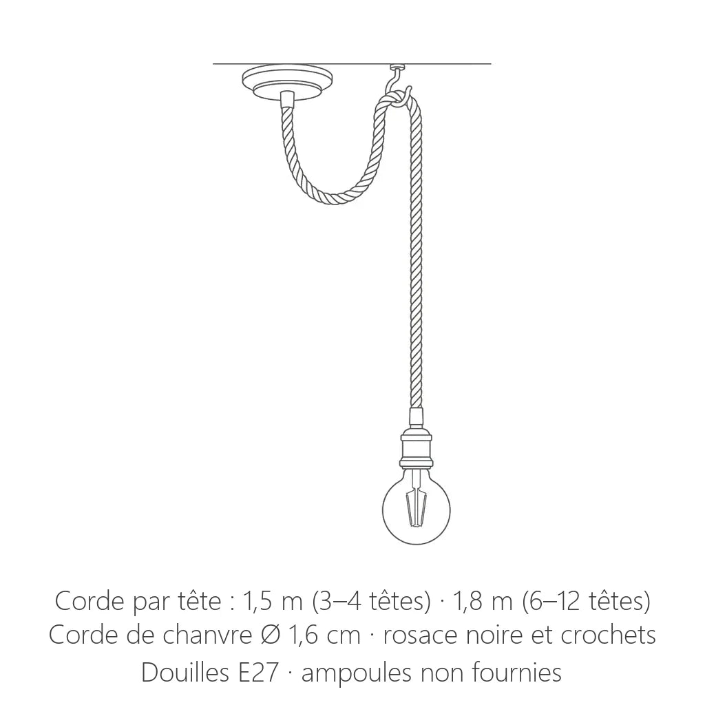 Dimensions du lustre araignée en corde de chanvre : corde de 1,5 à 1,8 m par tête