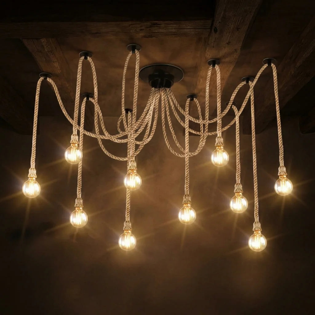 Lustre araignée allumé sous un plafond à poutres sombres