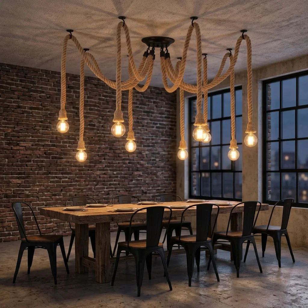 Lustre araignée en corde au-dessus d’une table dans un loft