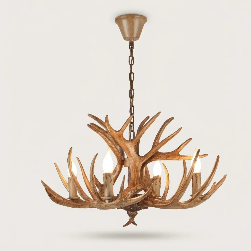 Lustre bois de cerf à 4 bras et ampoules bougie