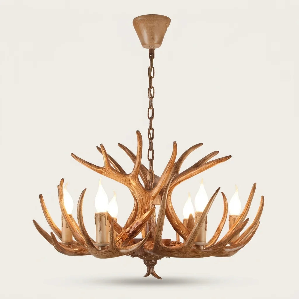 Lustre bois de cerf à 6 bras et ampoules bougie
