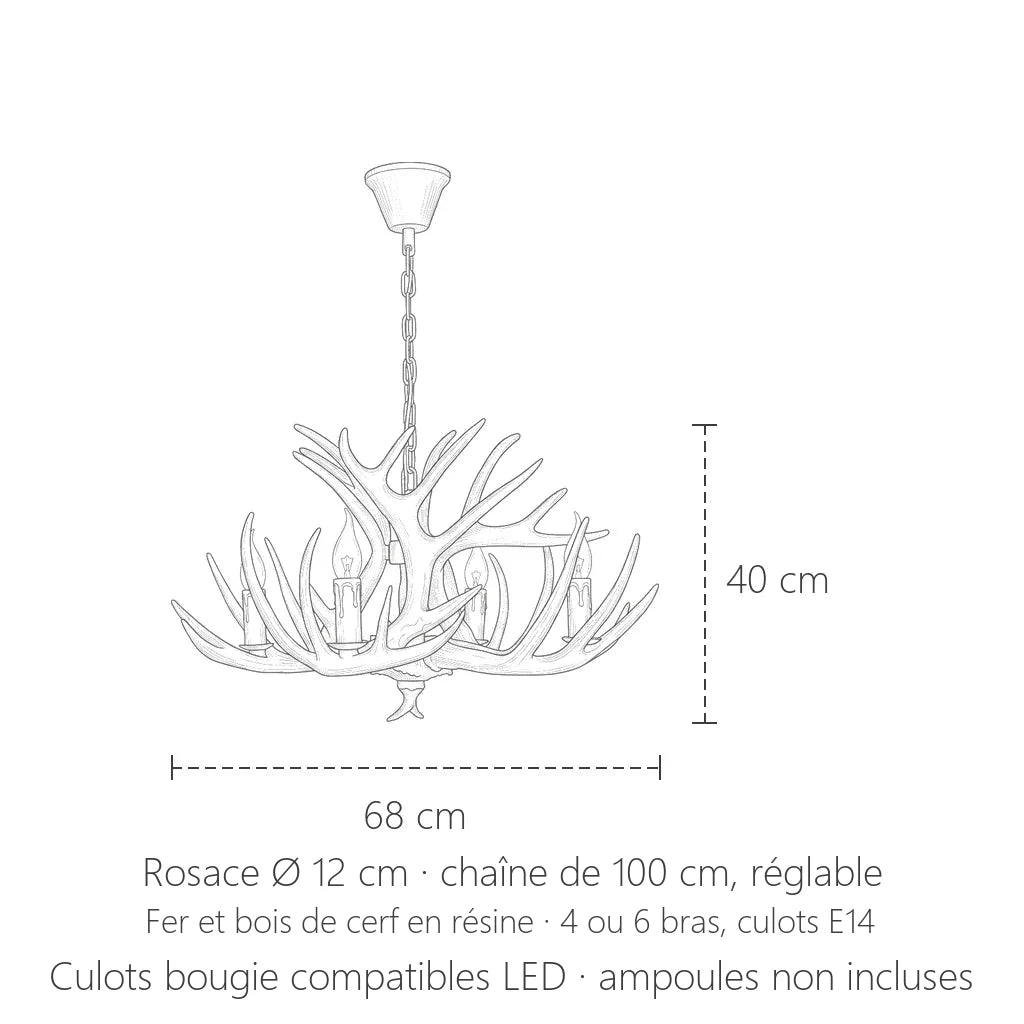 Dimensions du lustre bois de cerf : 68 cm de large, 40 cm de haut