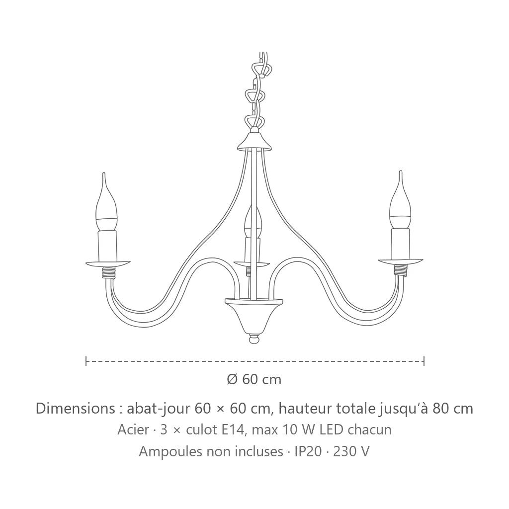 Dimensions : lustre bougies classique en métal (3 lumières), abat-jour 60 × 60 cm, hauteur totale jusqu’à 80 cm