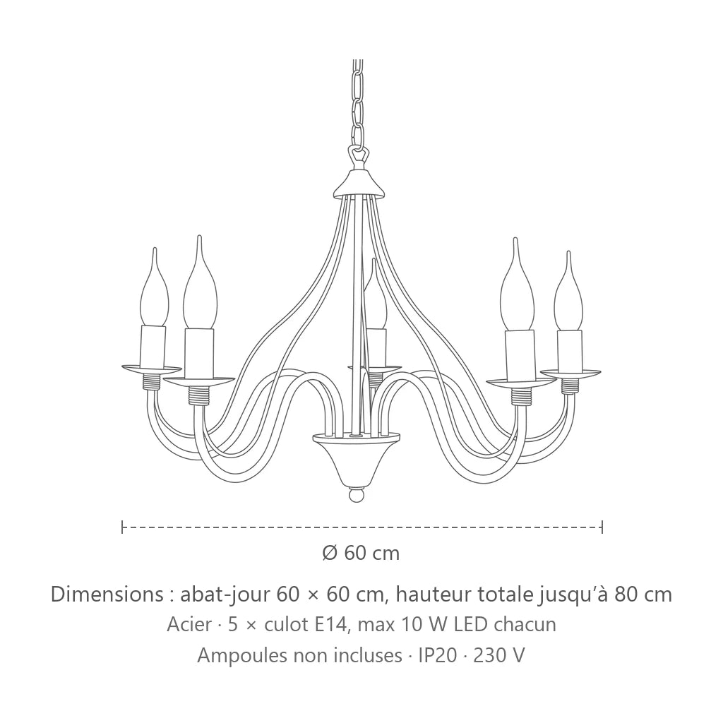 Dimensions : lustre bougies classique en métal (5 lumières), abat-jour 60 × 60 cm, hauteur totale jusqu’à 80 cm