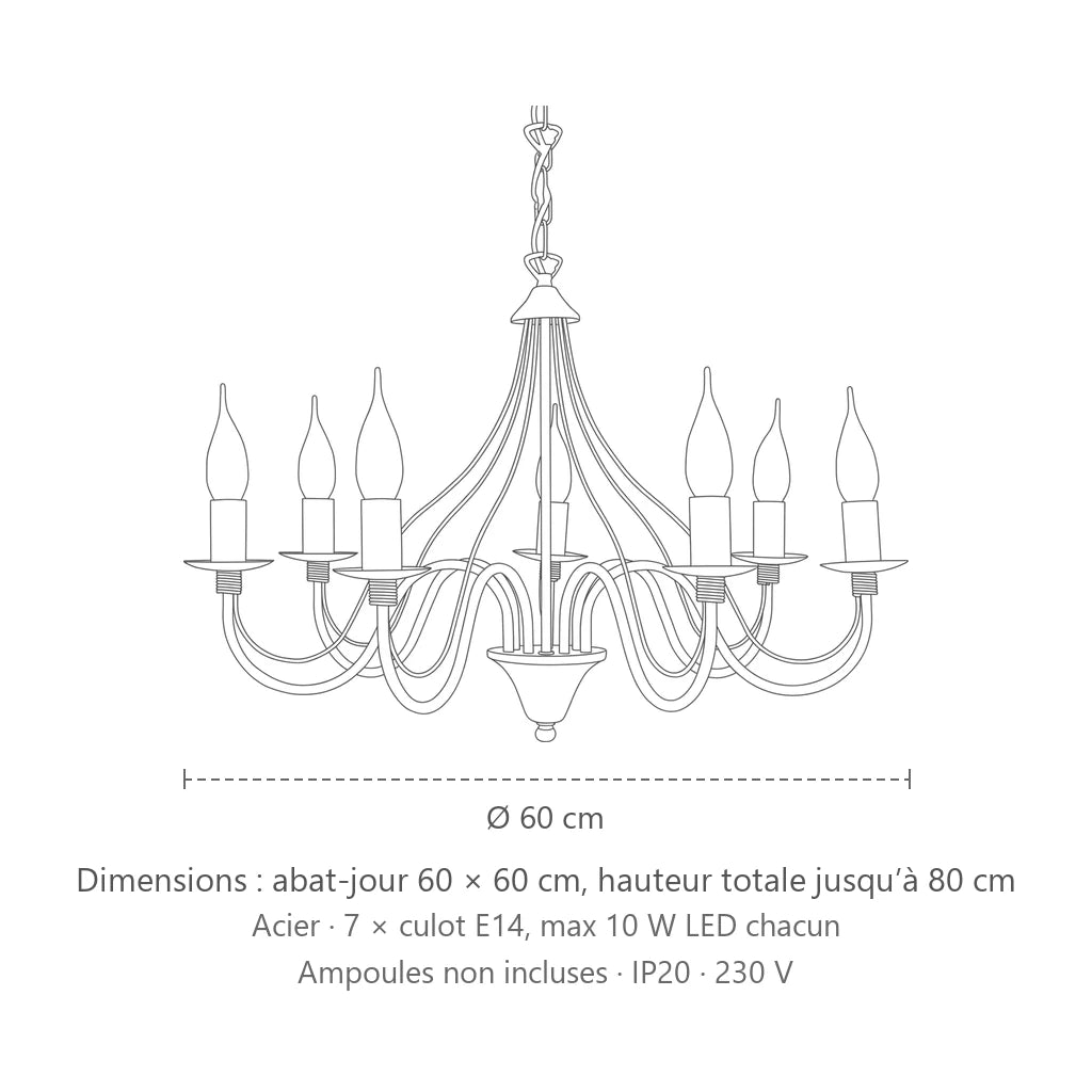 Dimensions : lustre bougies classique en métal (7 lumières), abat-jour 60 × 60 cm, hauteur totale jusqu’à 80 cm
