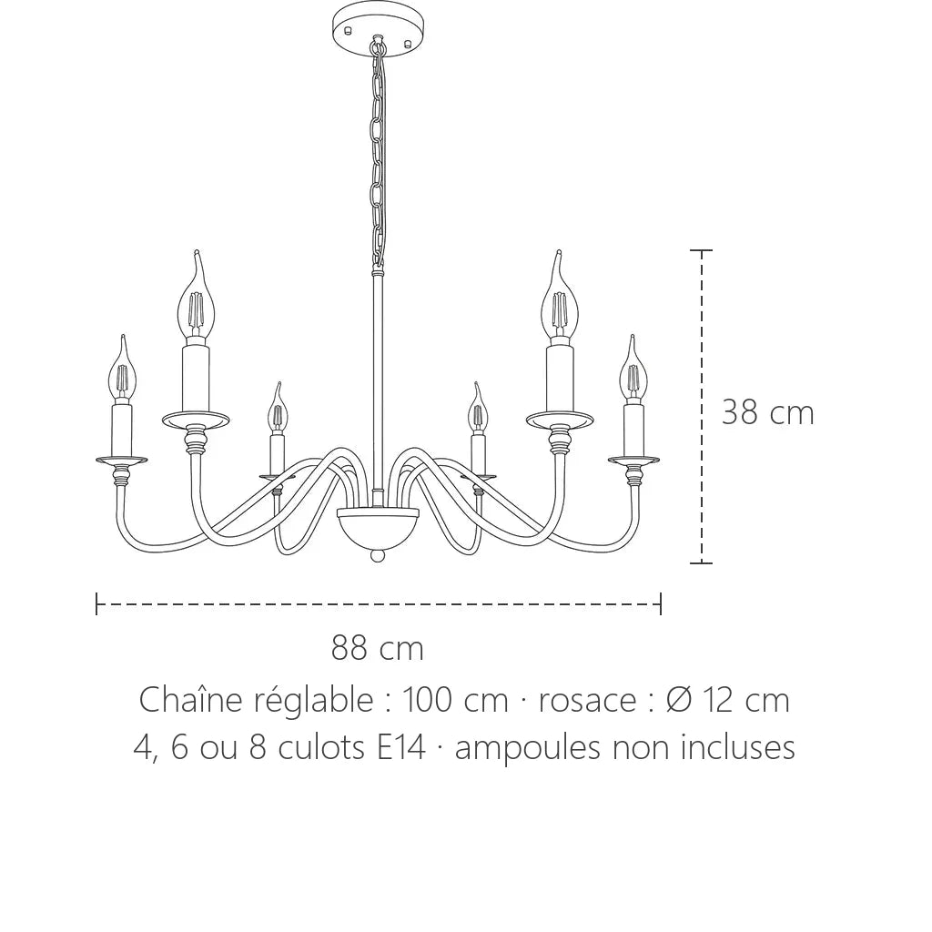 Dimensions du lustre bougies loft : 88 cm de large, 38 cm de haut