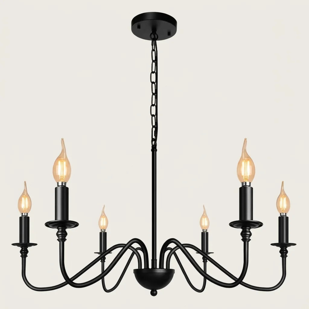 Lustre bougies loft noir à 6 bras, ampoules E14