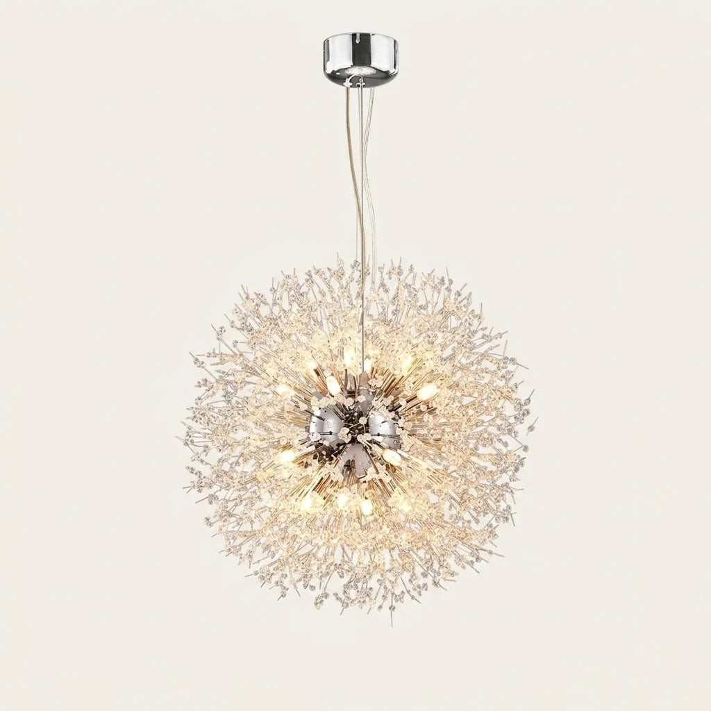 Lustre boule pissenlit chromé à perles de cristal, allumé