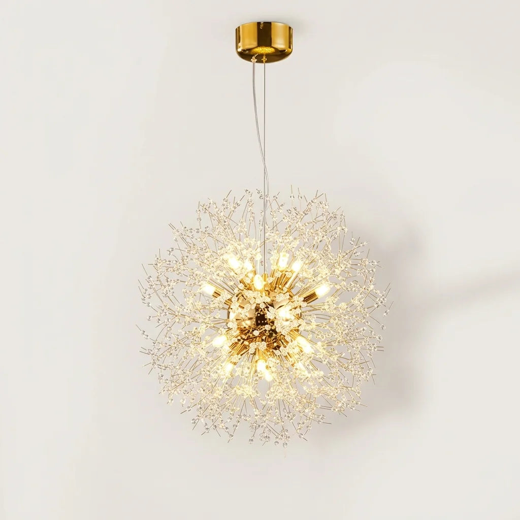 Lustre boule pissenlit doré à perles de cristal, allumé