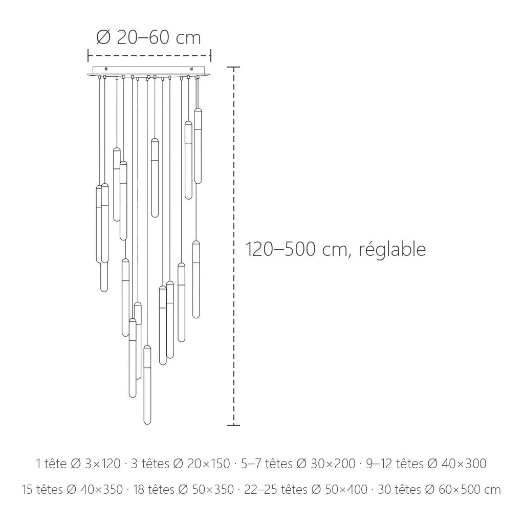 Dimensions du lustre cascade LED : Ø 20 à 60 cm, 120 à 500 cm de haut