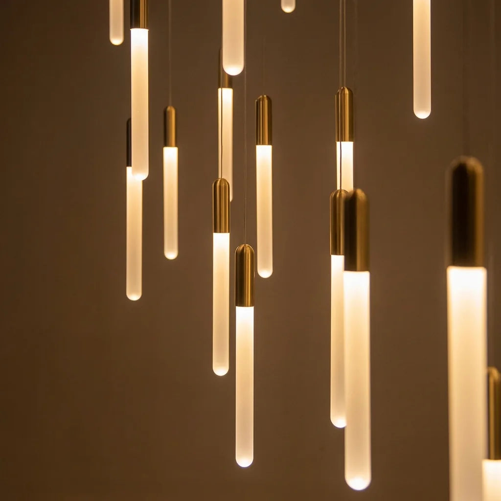 Bâtons LED en acrylique mat et embouts en aluminium doré vus de près