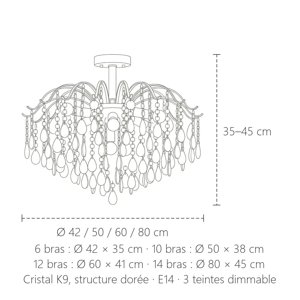 Dimensions du lustre cristal fontaine : Ø 42 à 80 cm, hauteur 35 à 45 cm