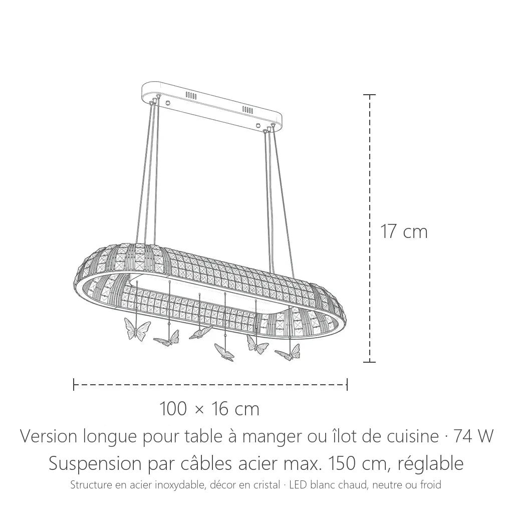 Dimensions du lustre ovale en cristal : 100 × 16 cm, hauteur 17 cm