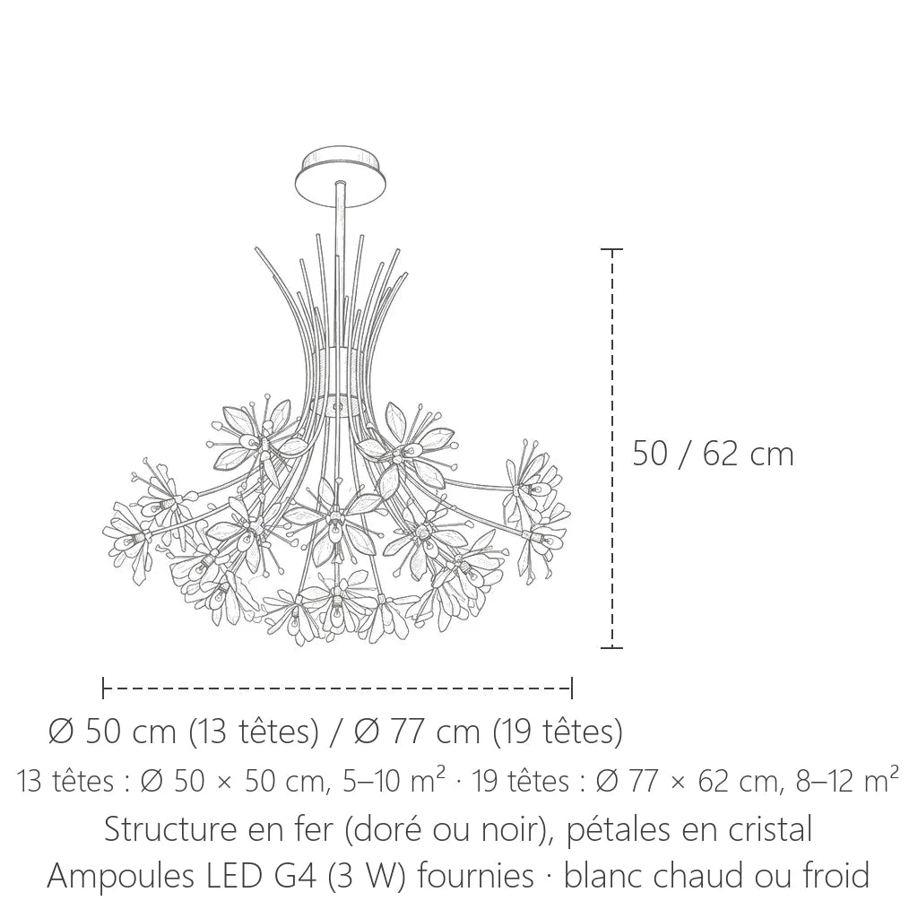 Dimensions du lustre cristal pissenlit : Ø 50 cm (13 têtes) ou Ø 77 cm (19 têtes)