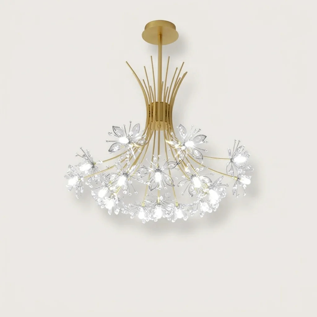 Lustre cristal pissenlit doré à 19 têtes, allumé