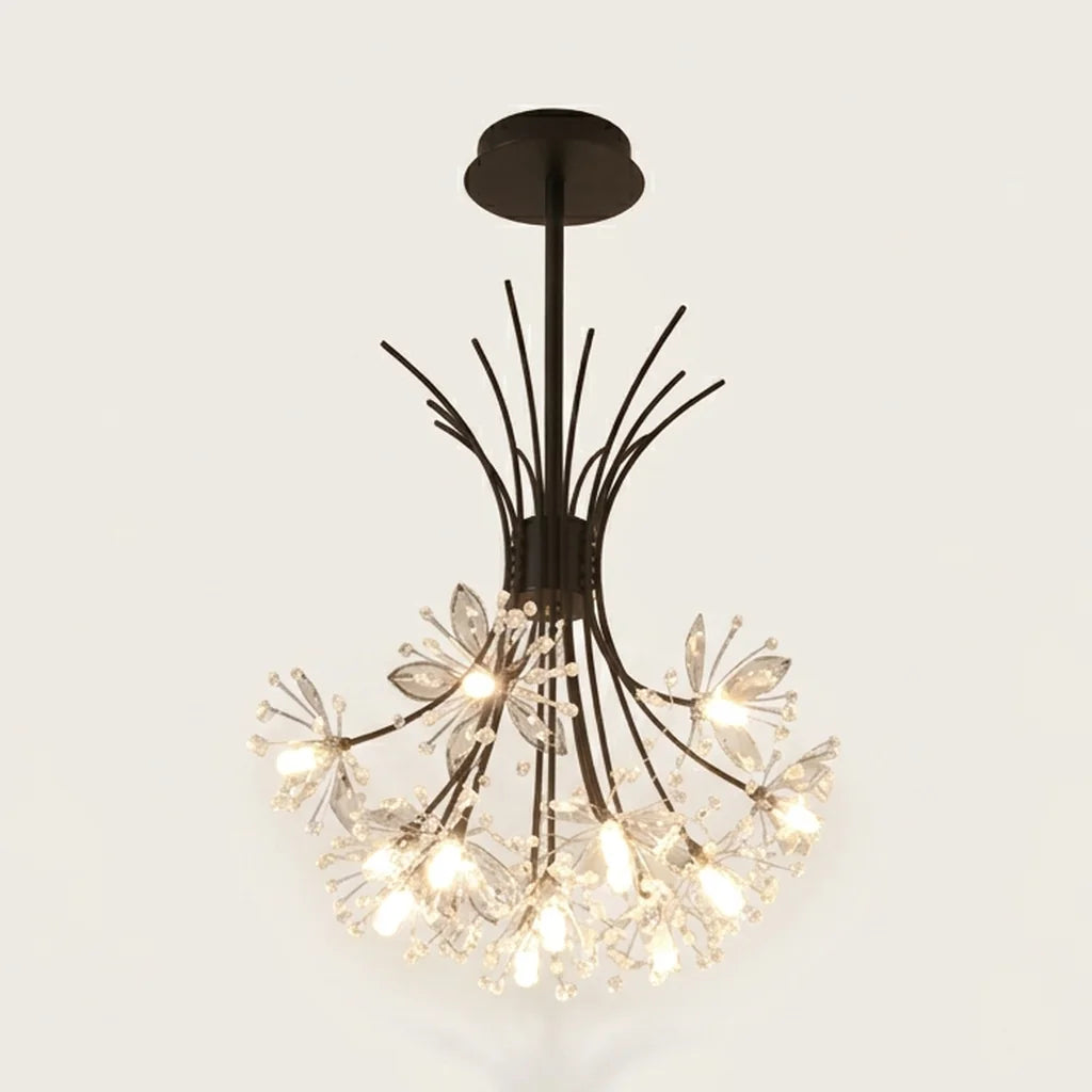 Lustre cristal pissenlit noir à 13 têtes, allumé